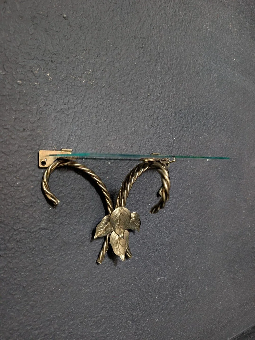 Vintage Mid Century Brass Glass Decorative Leaf Design Shelf Wall Bracket 7